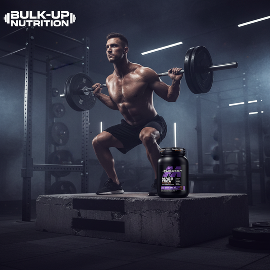 Person in gym with Mass Tech and Bulk-up Nutrition logo